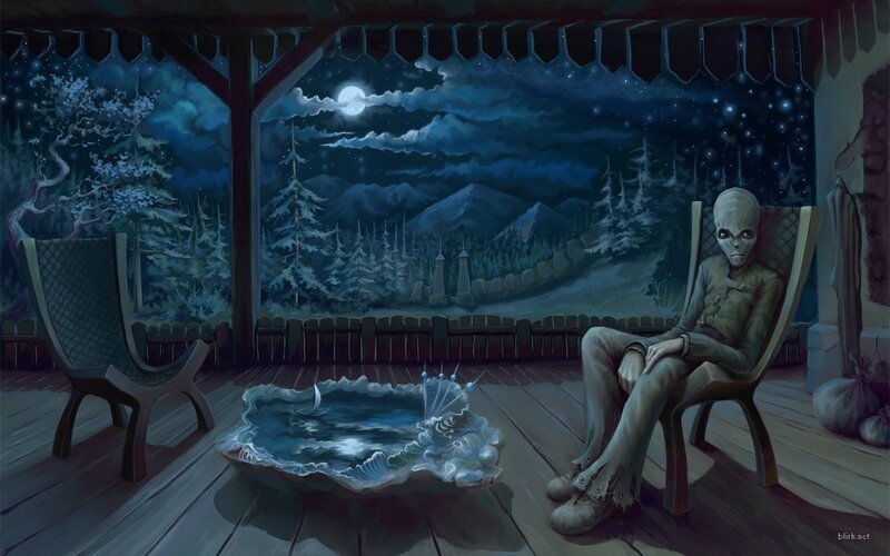 Alien Sitting on Porch — Blue