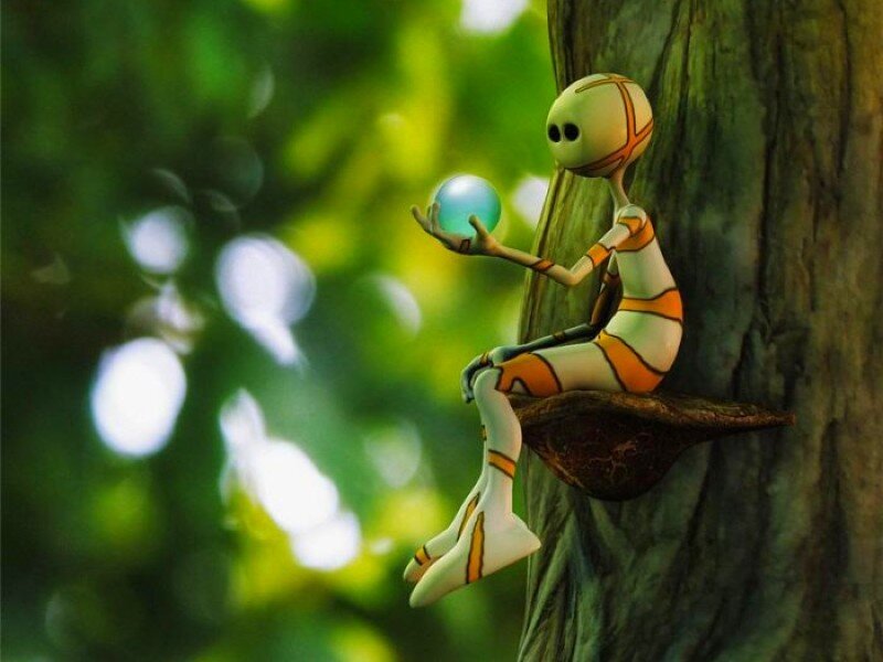 alien sitting on tree branch
