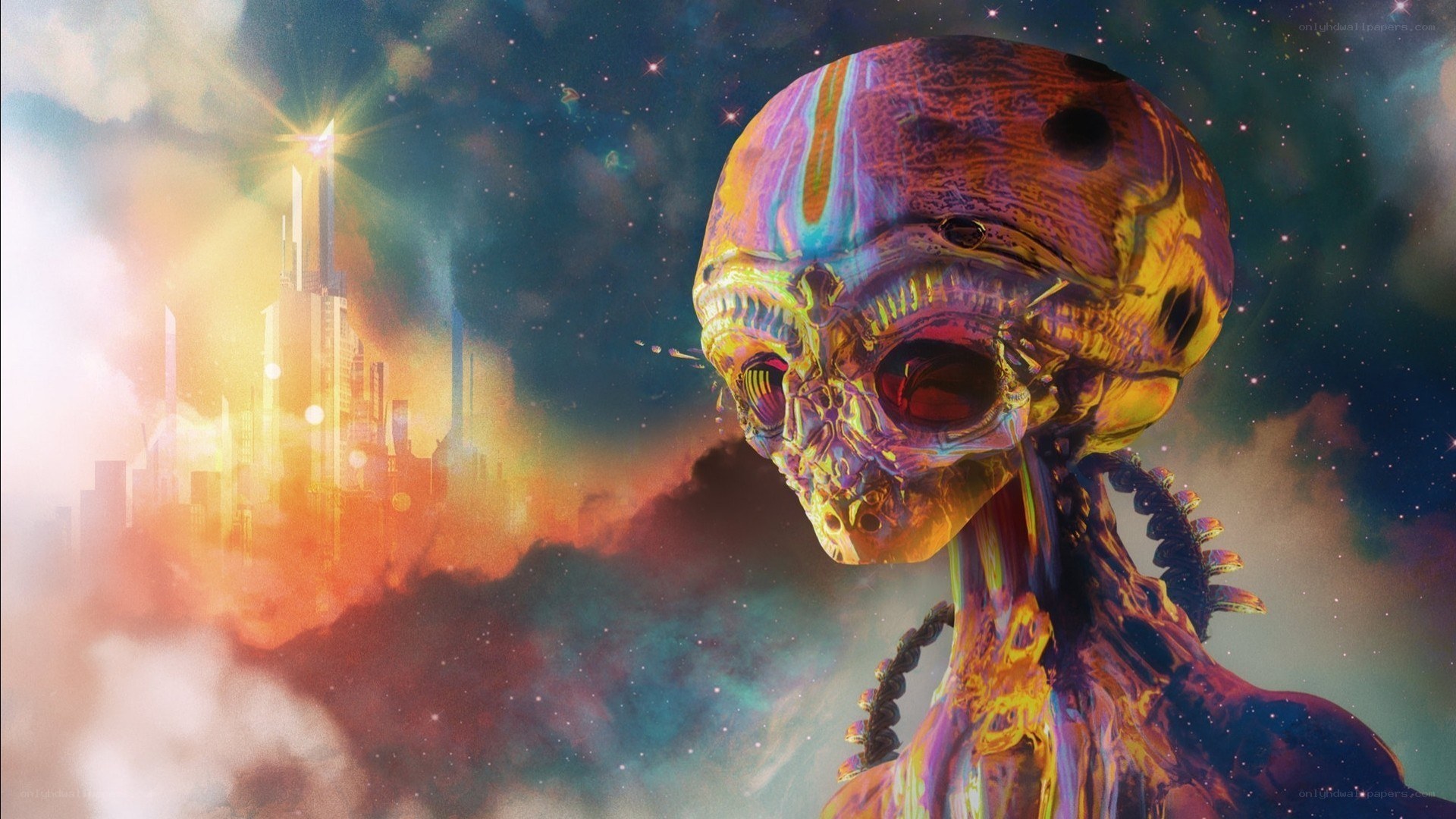 alien skull in cosmic city