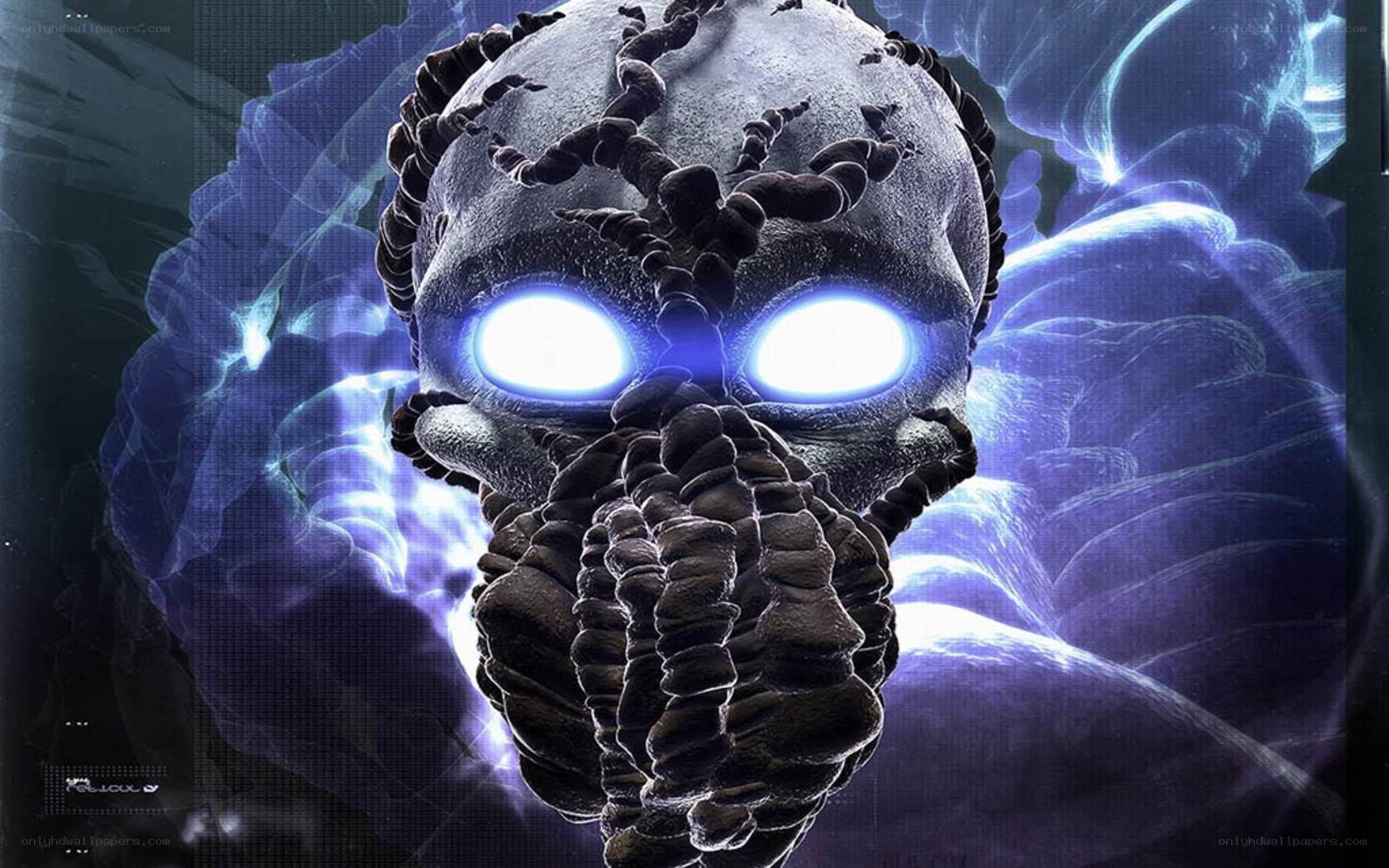alien skull with glowing eyes
