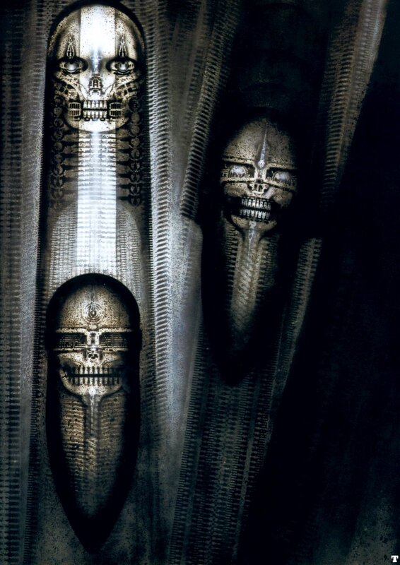 alien skulls in dark chamber