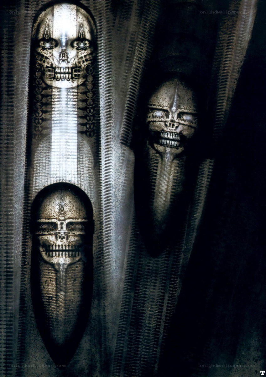 alien skulls in dark chamber