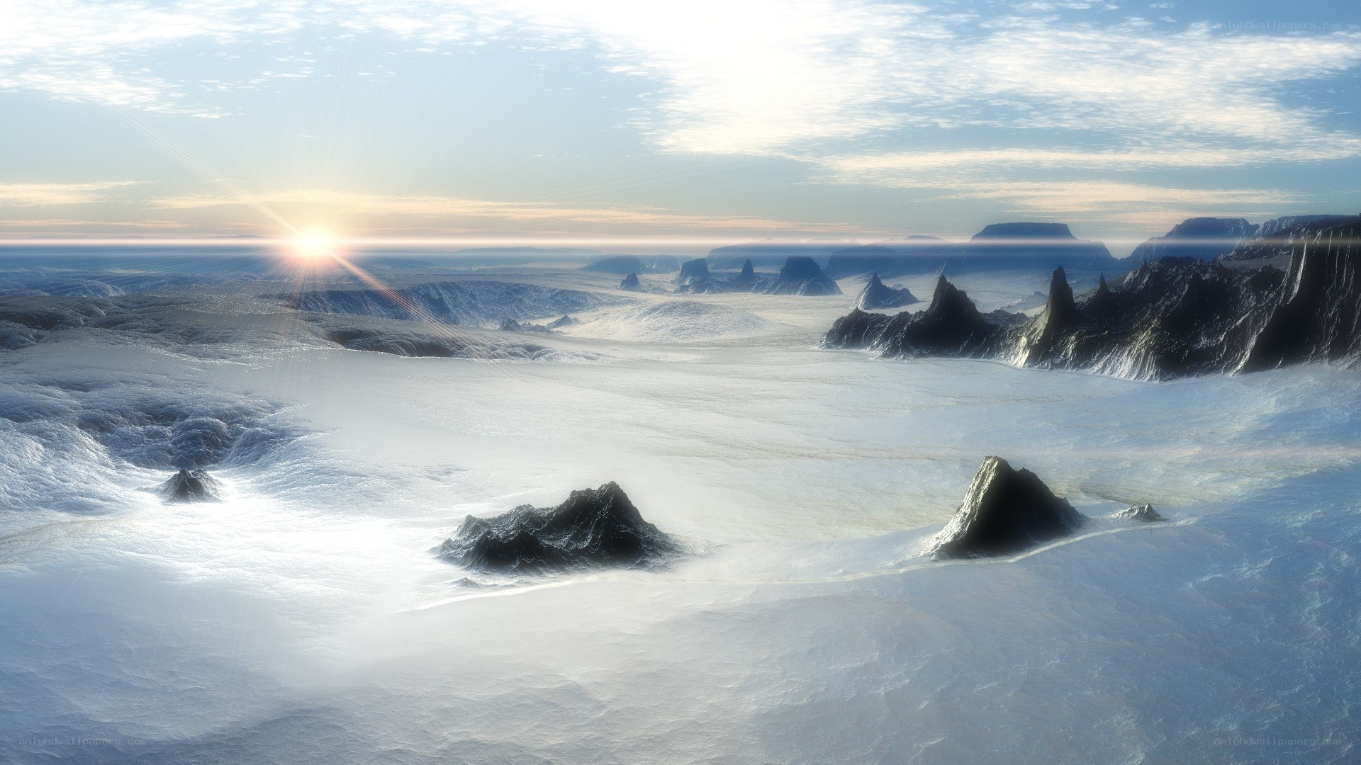 alien snowy landscape at sunrise
