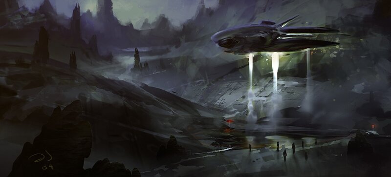 Alien spacecraft landing on alien planet
