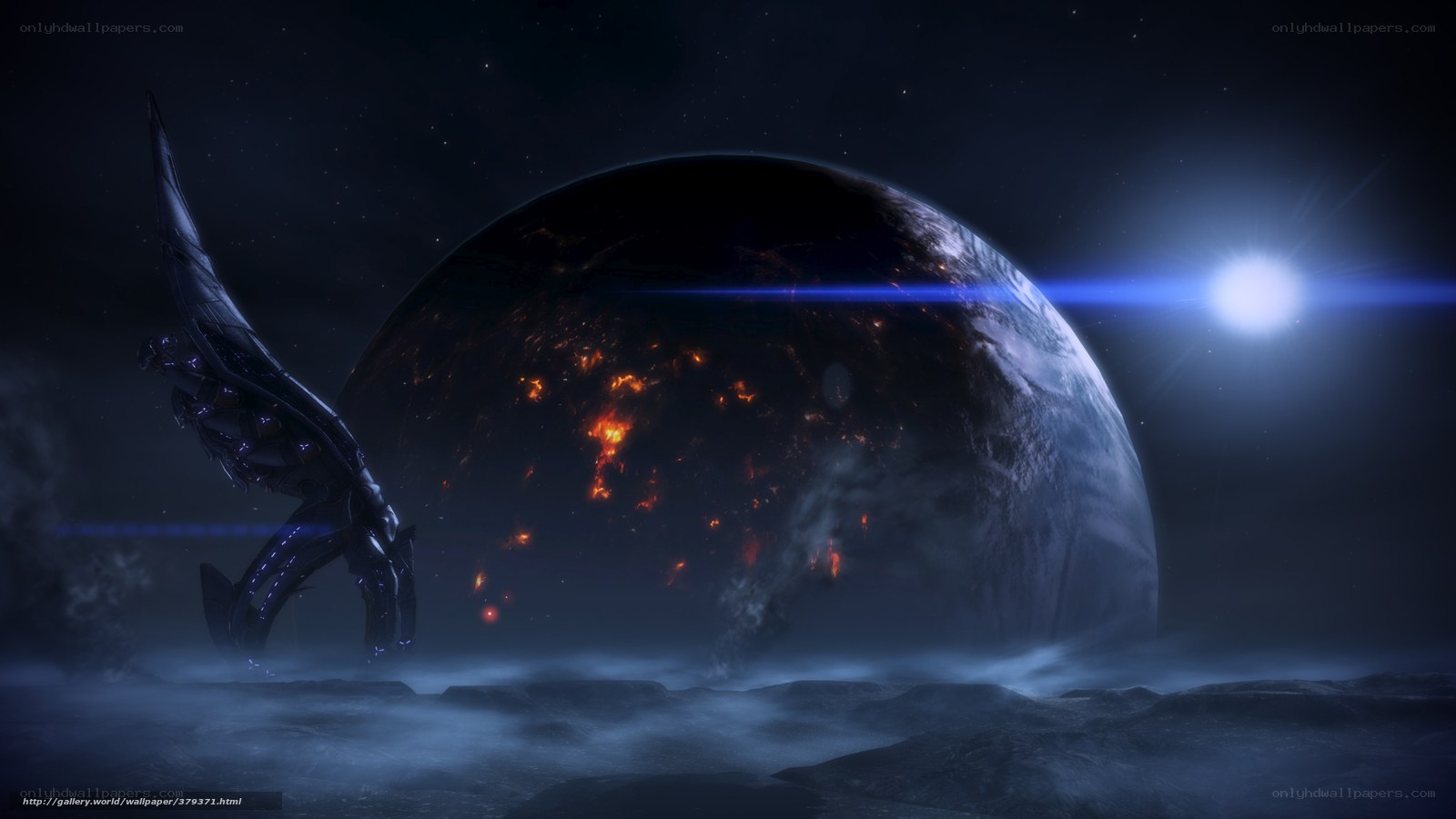alien spacecraft over a burning planet