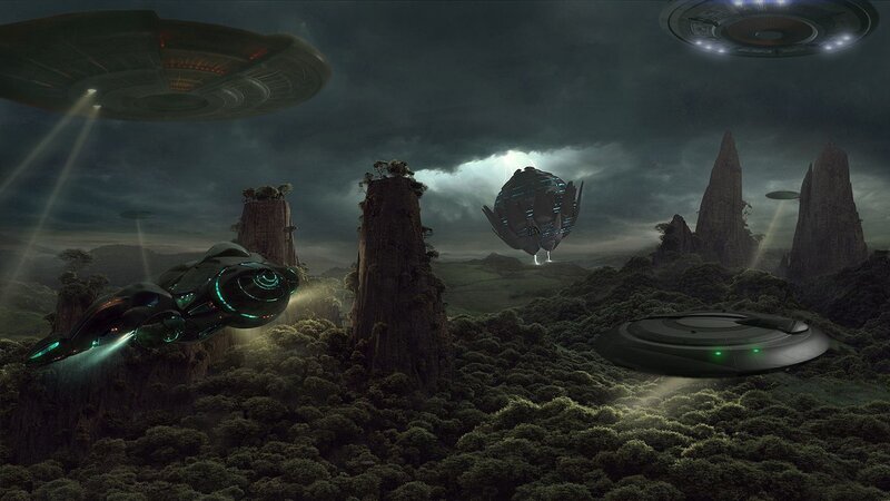 Alien spacecraft over alien landscape