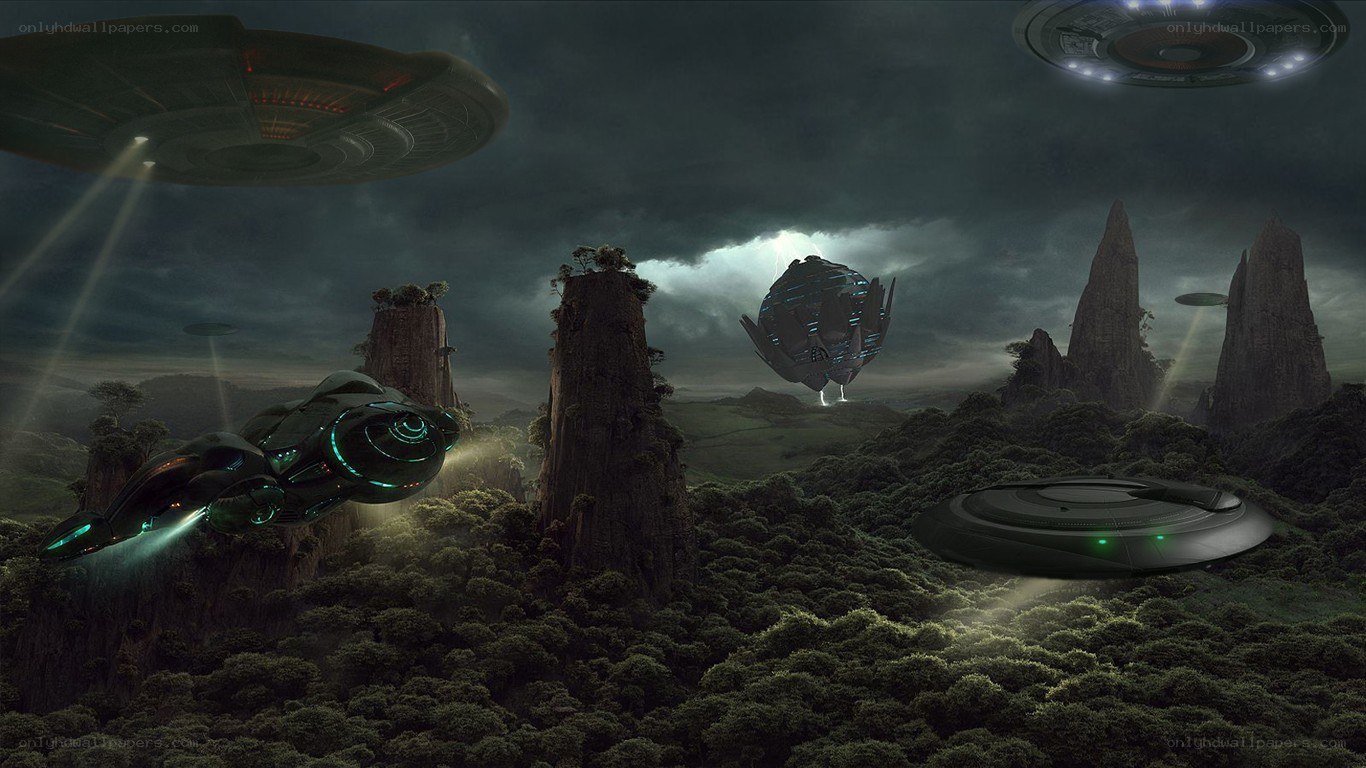 Alien spacecraft over alien landscape