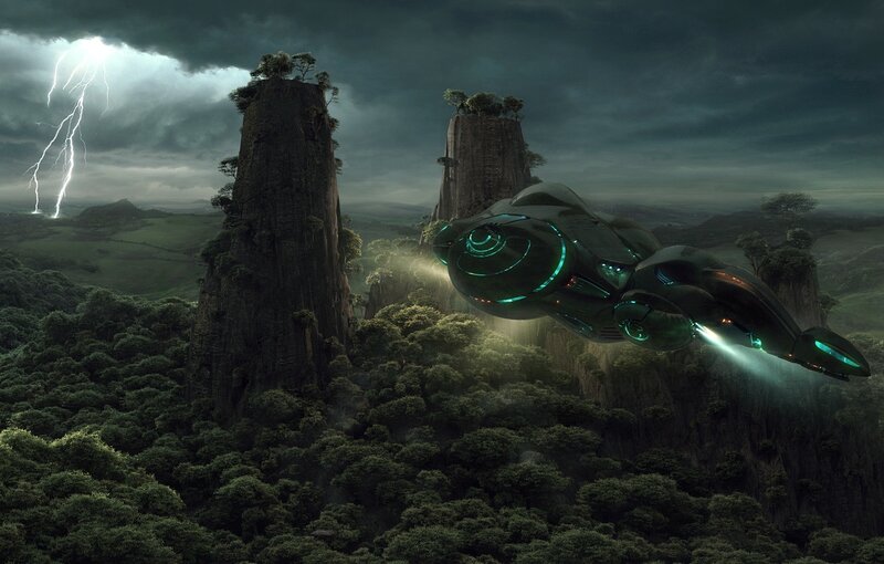 alien spacecraft over alien landscape