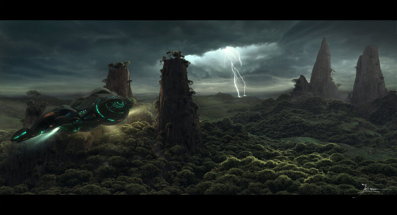 alien spacecraft over alien landscape