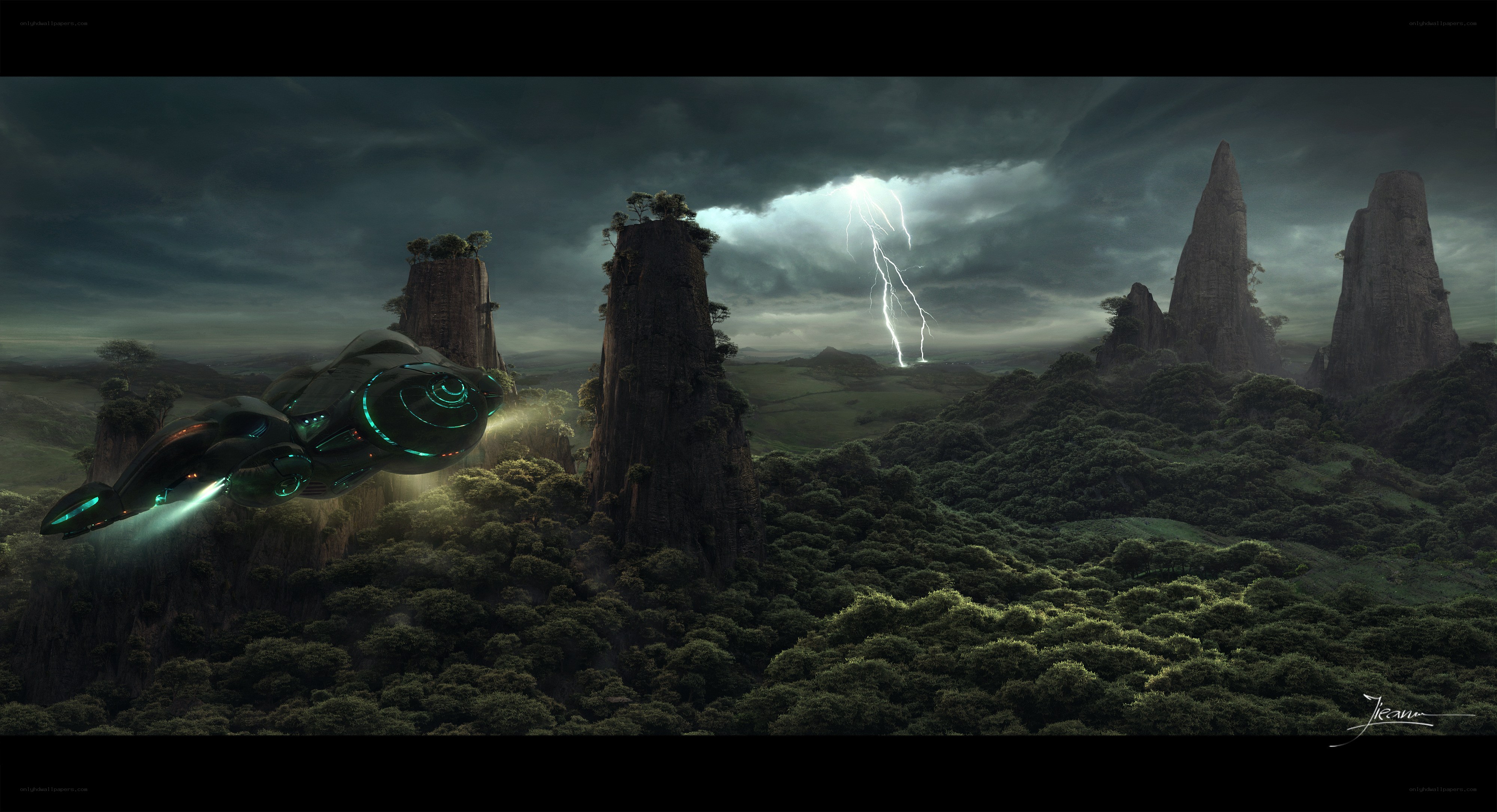 alien spacecraft over alien landscape