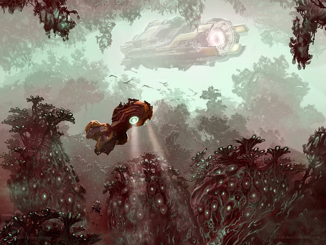 Alien spacecraft over alien planet