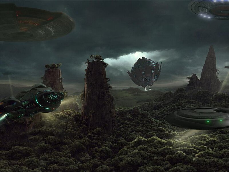 Alien Spacecraft over Alien Planet — Green, Dramatic