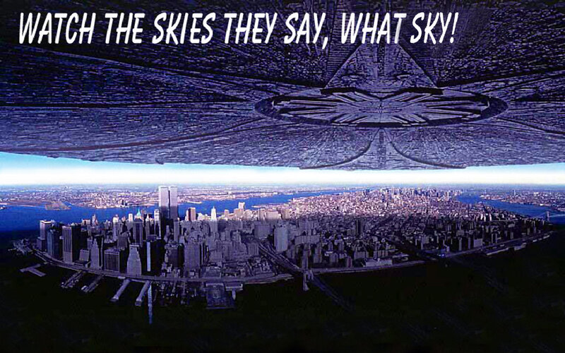 Alien Spacecraft over City — Blue, Dramatic, Afternoon