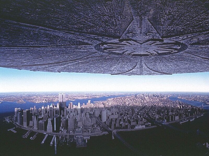 Alien Spacecraft over City — Blue, Dramatic