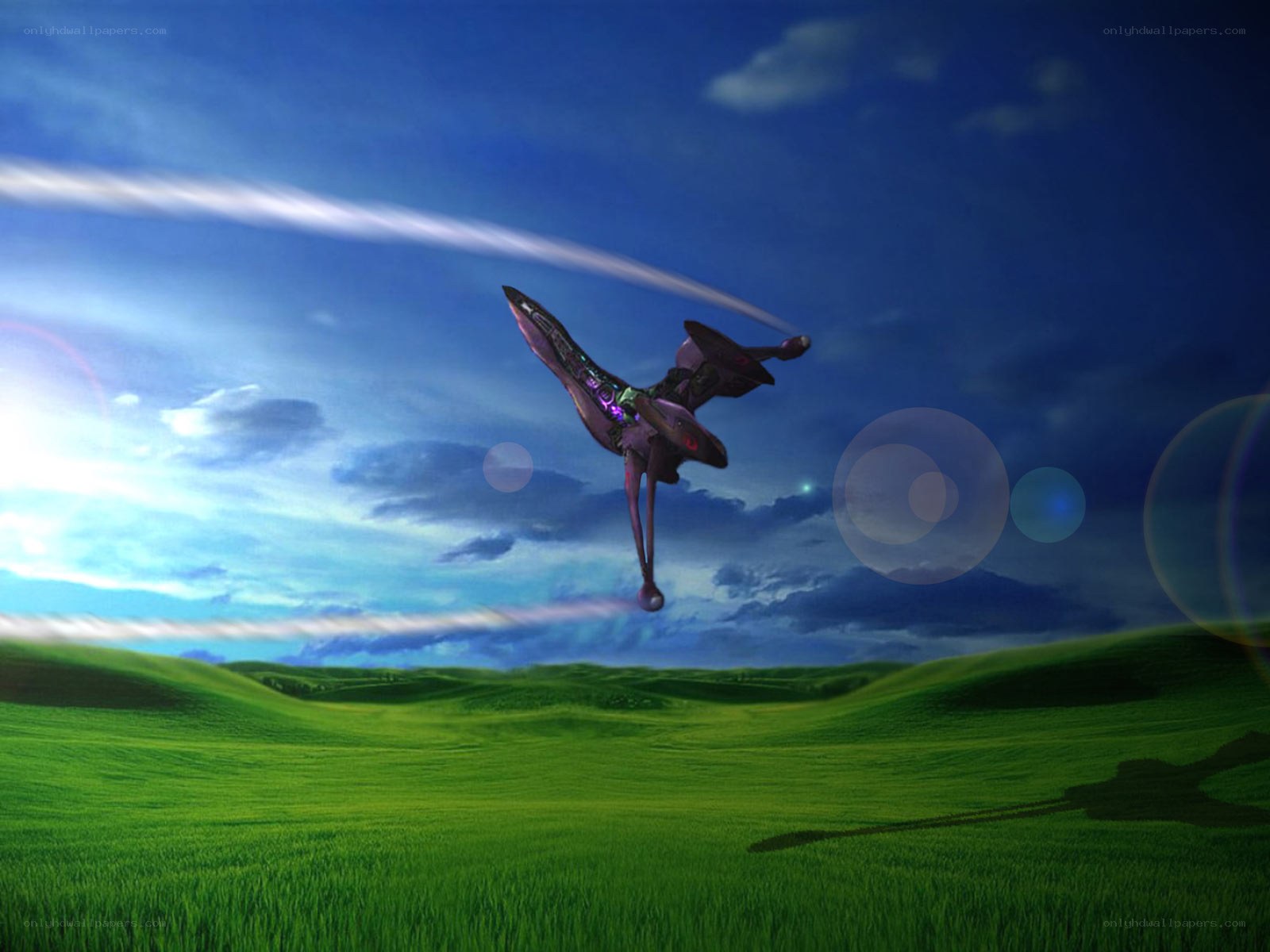 alien spacecraft over green hills
