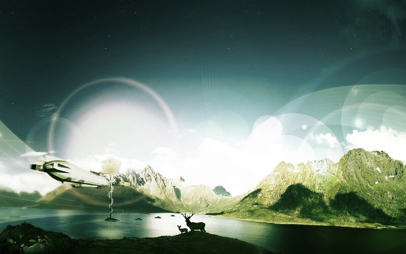alien spacecraft over mountain lake