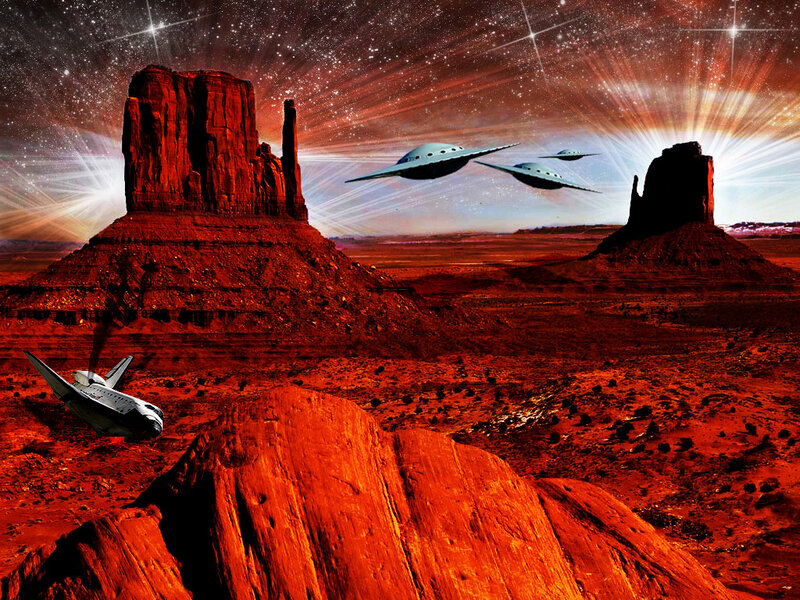 Alien spacecraft over red planet
