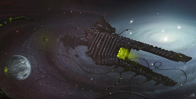 Alien Spaceship in Space — Black, Dramatic, Night, Digital Art