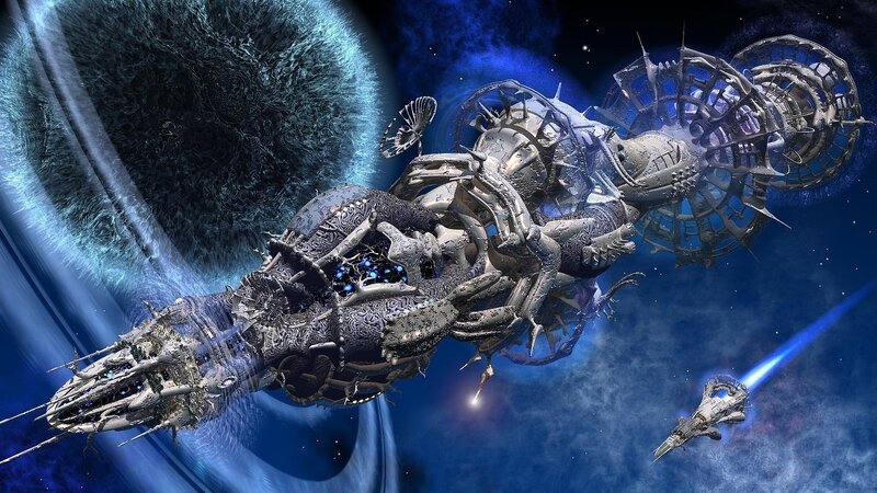 Alien Spaceship in Space — Blue, Dramatic, Night, Digital Art, Planet