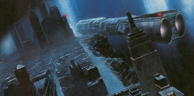 Alien Spaceship over City — Blue, Dramatic, Night