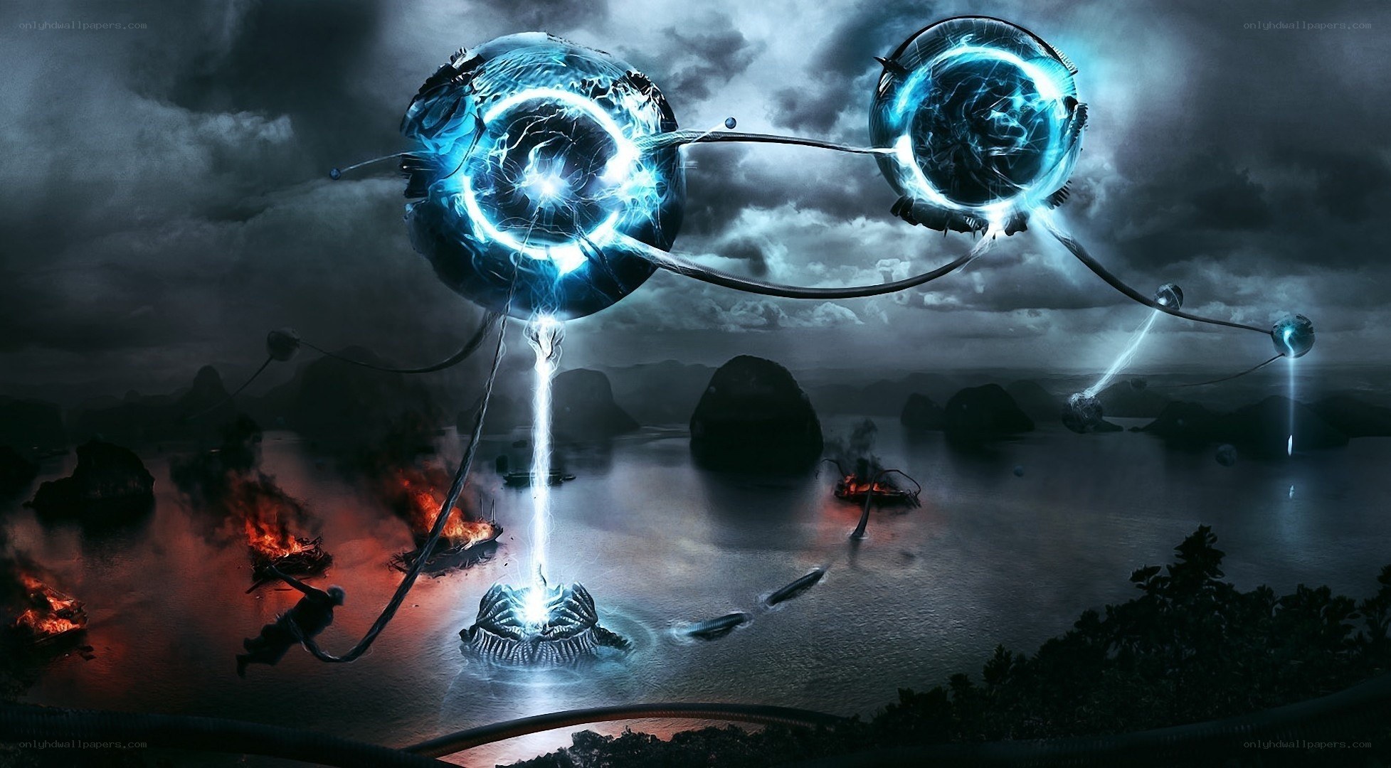 Alien spheres over burning sea