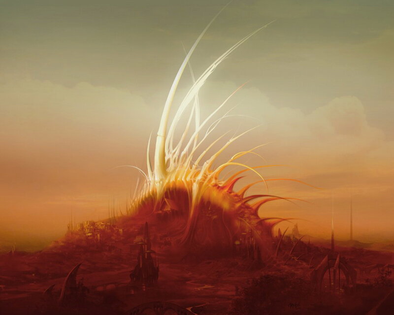 alien spire over ruined city