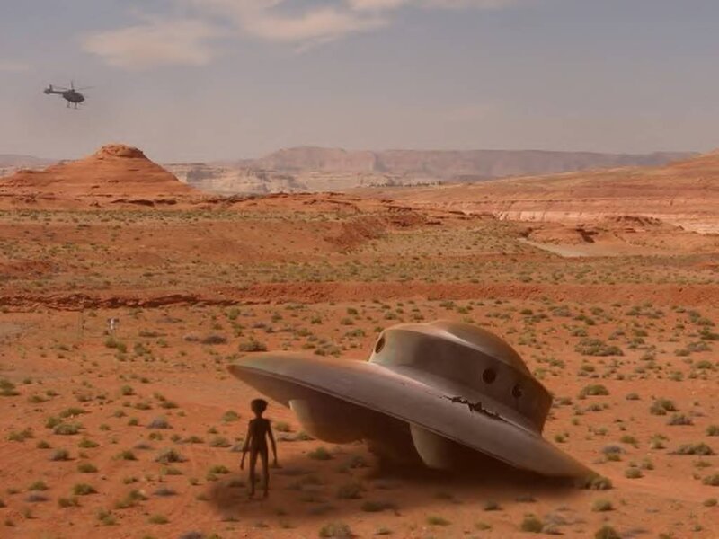 Alien Standing Beside UFO — Red