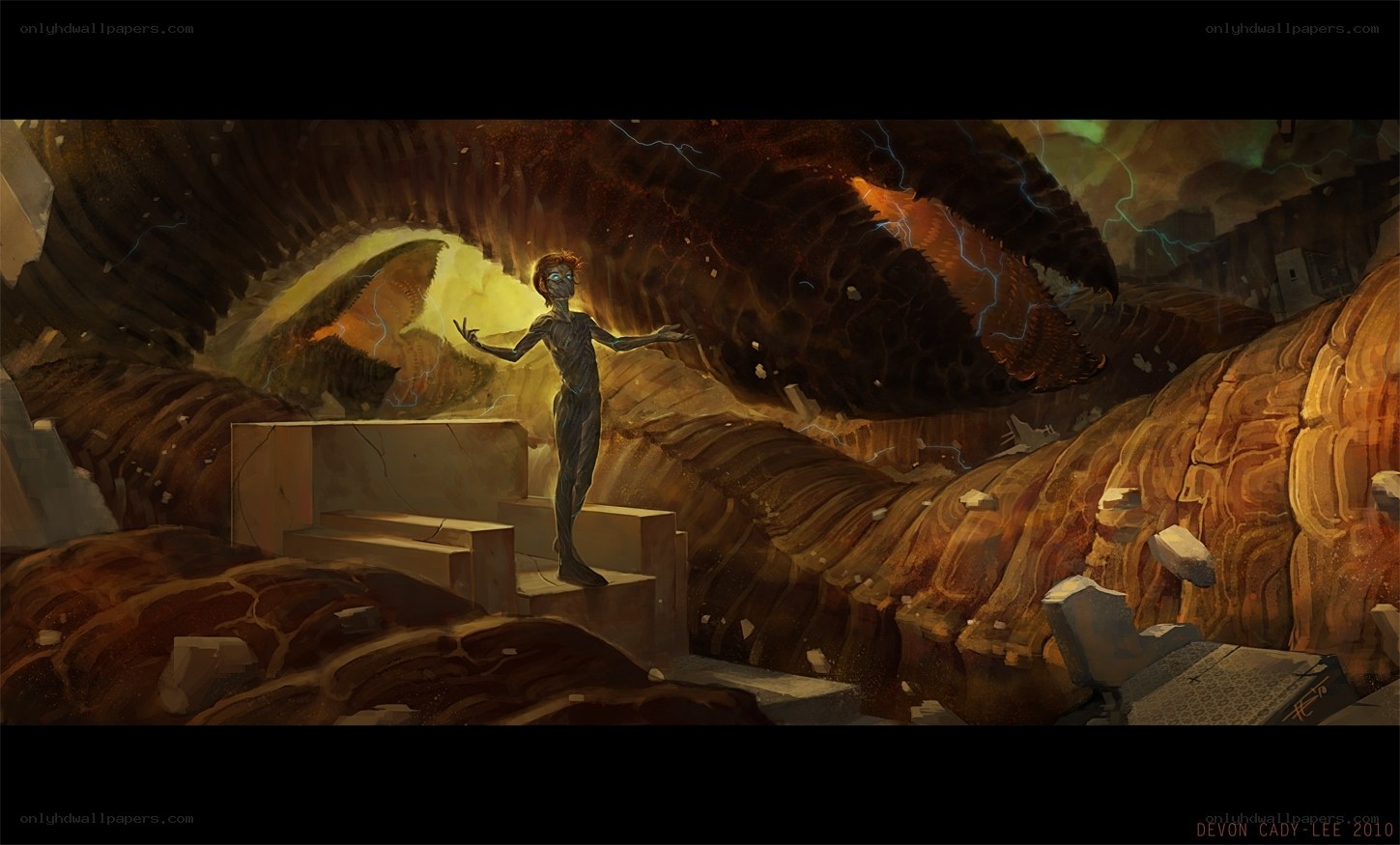 alien stands before giant creature