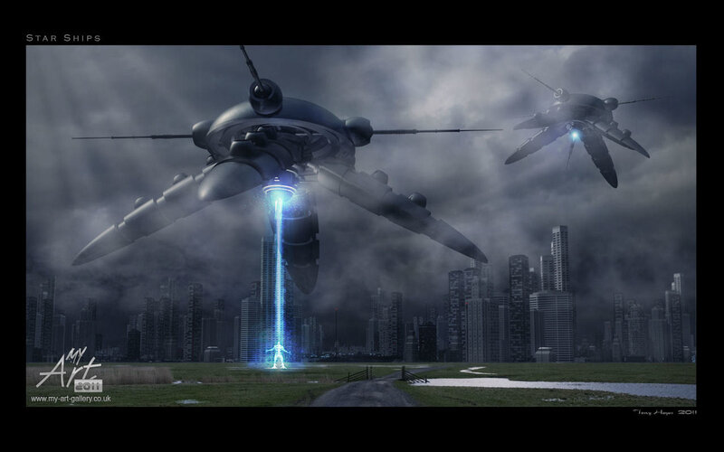 Alien Starships over City