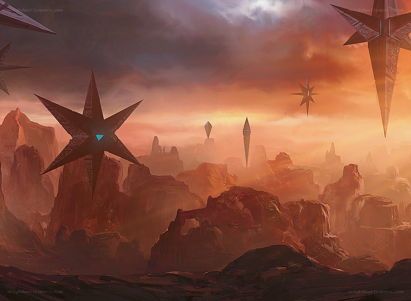 alien starships over red planet