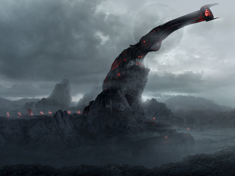 Alien Structure on Rocky Planet — Gray, Dramatic, Night, Digital Art, Mountain