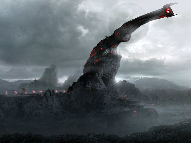 Alien Structure on Rocky Planet — Gray, Dramatic, Night, Digital Art, Rocky Terrain, Moon