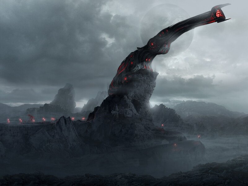 Alien Structure on Rocky Planet — Gray, Dramatic, Night, Digital Art, Rocky Terrain