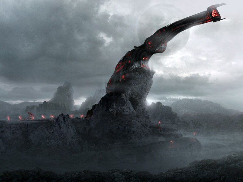 Alien Structure on Rocky Planet — Gray, Dramatic