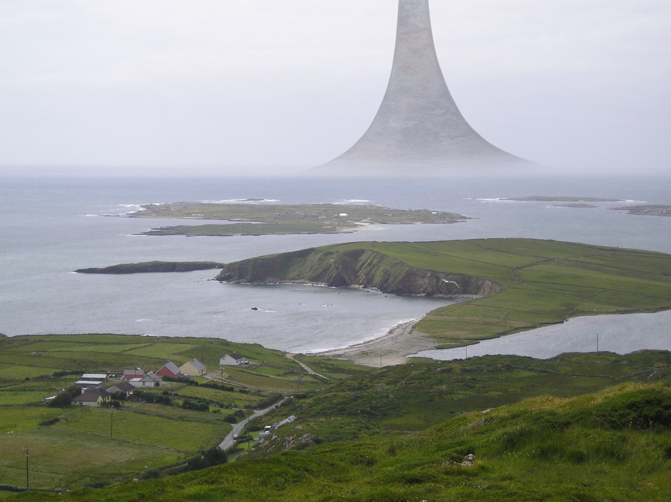 alien structure over coastal village