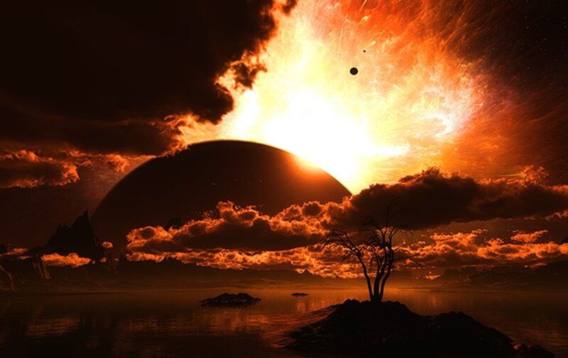 alien sunset on a desolate planet