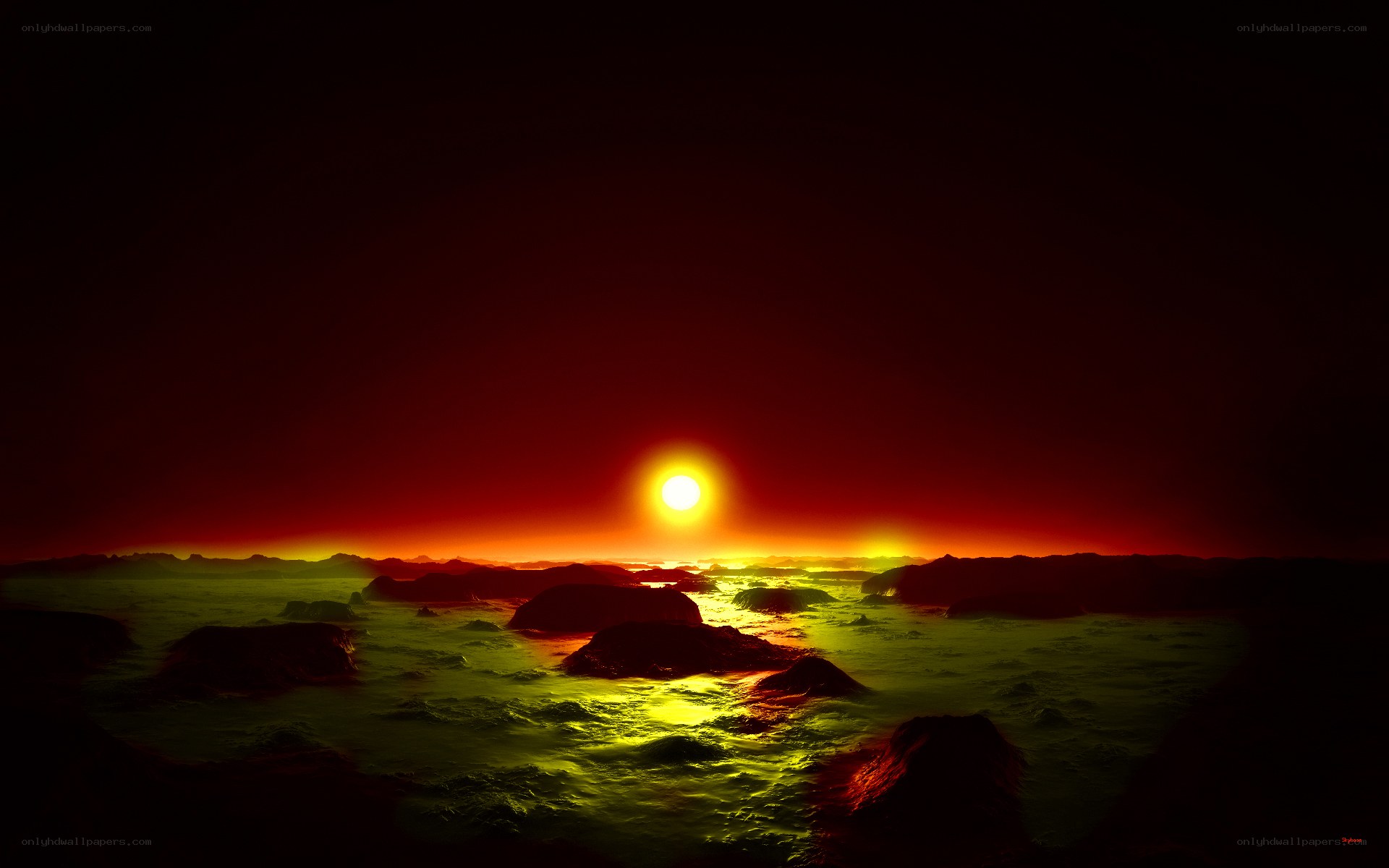 alien sunset over alien landscape