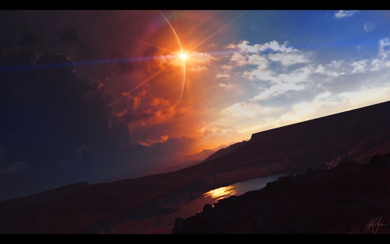 alien sunset over alien landscape