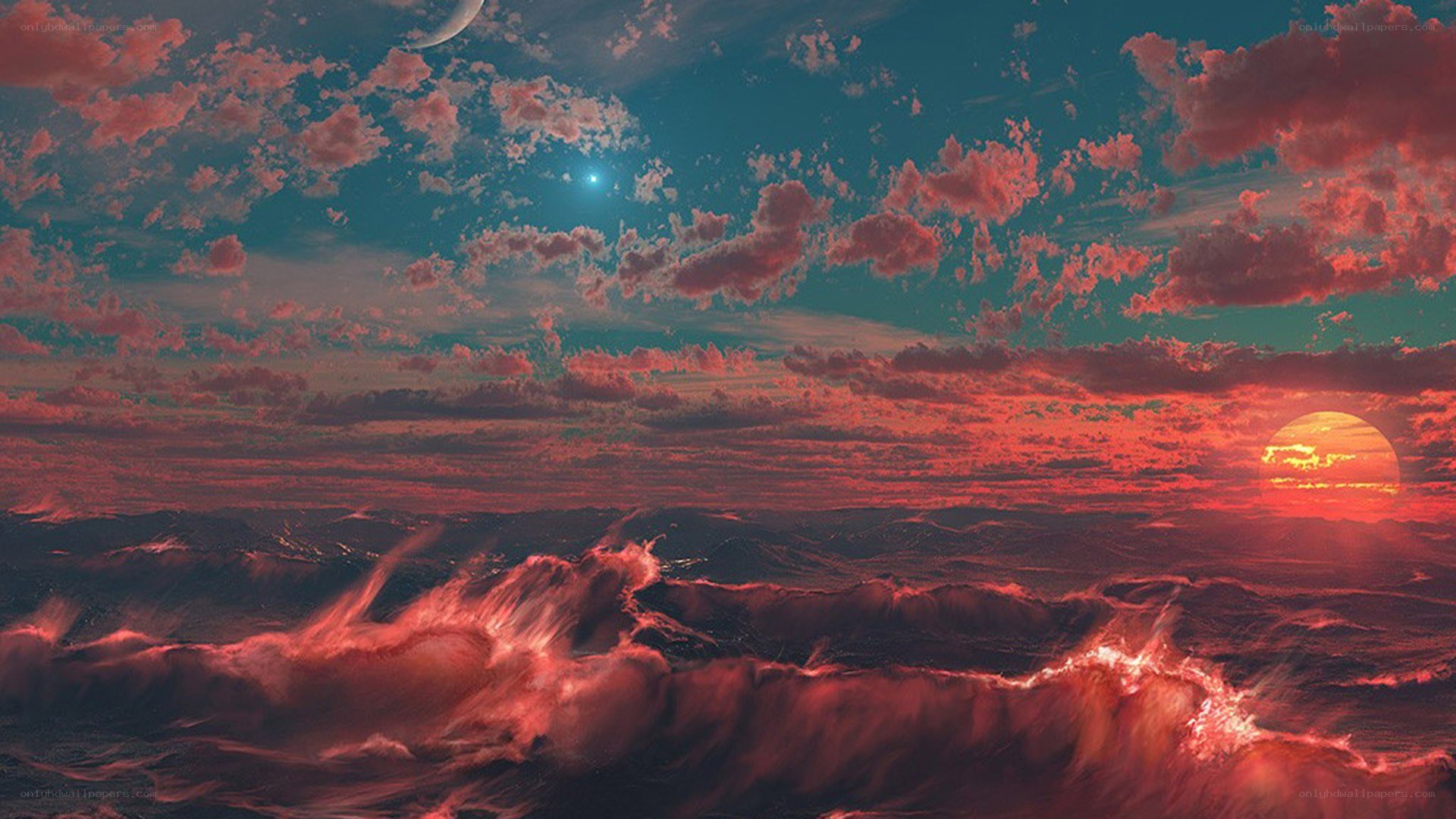 alien sunset over alien ocean