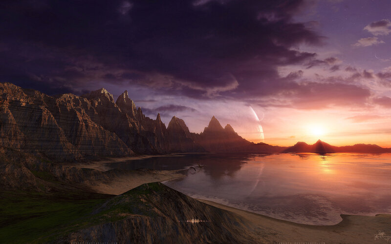 alien sunset over mountains