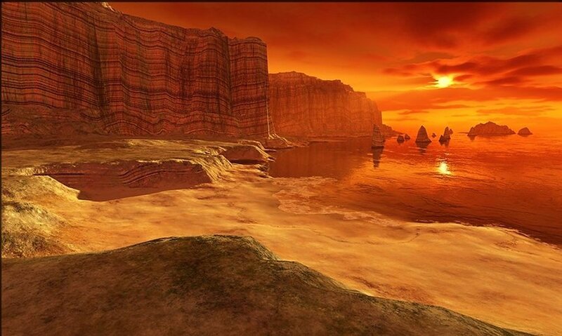 alien sunset over red cliffs