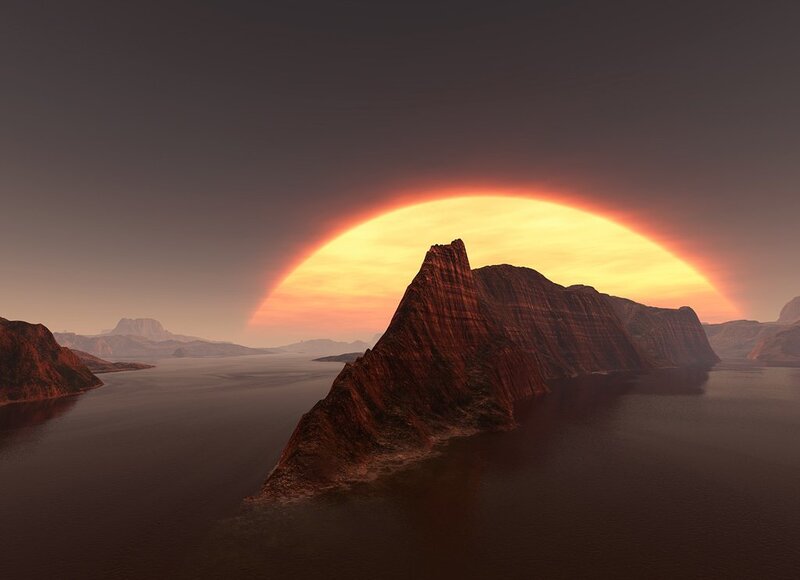 alien sunset over rocky island