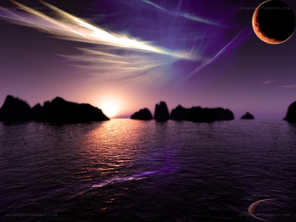 alien sunset over rocky islands