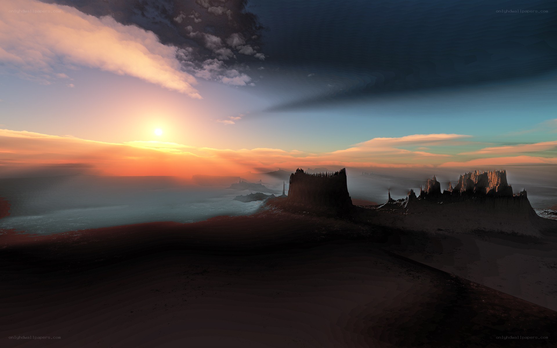 alien sunset over rocky landscape