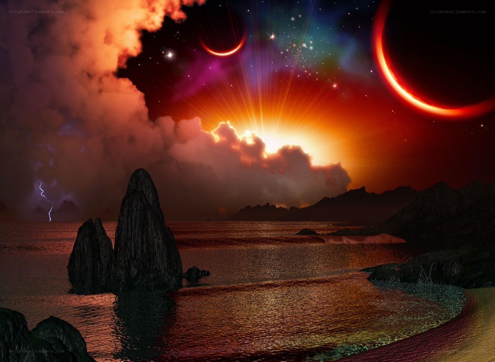 Alien sunset over rocky shore