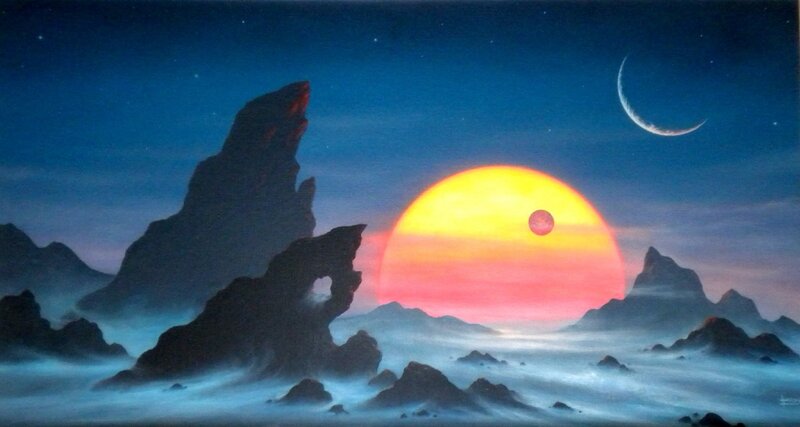 alien sunset with crescent moon