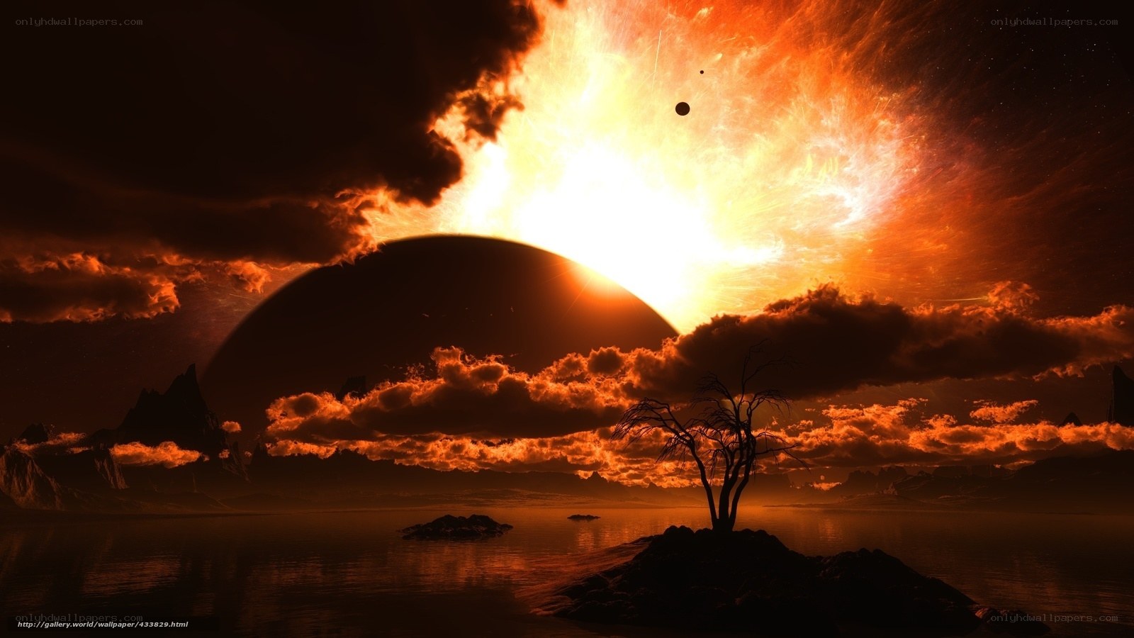alien sunset with lone tree