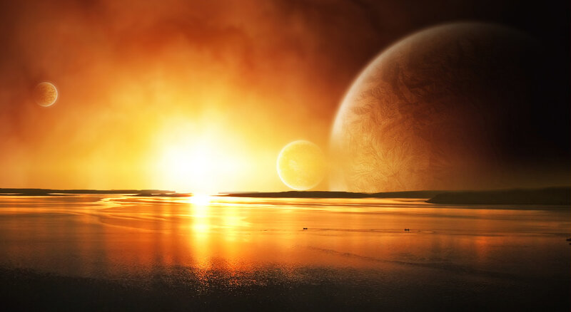 Alien sunset with multiple planets