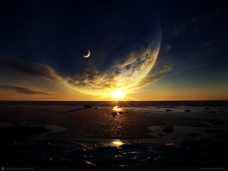 alien sunset with planet