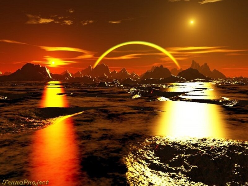 alien sunset with rainbow